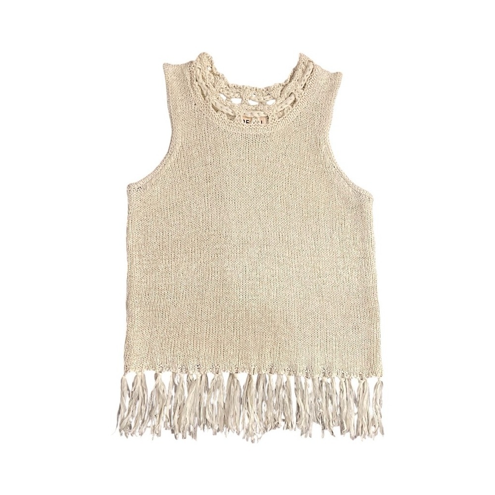 Anthropologie Pepin Crochet Fringe Tank Top Women's Large Beige‎ Boho
